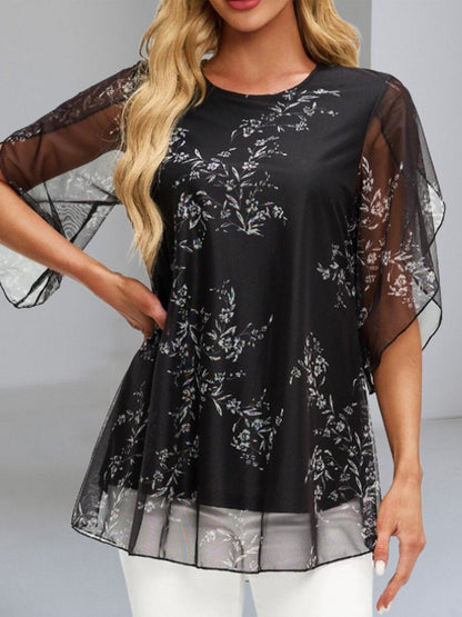 Pleated Seven-Quarter Sleeve Chiffon Loose Blouse