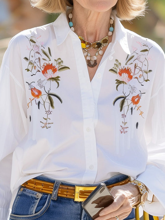 White Symmetrical Embroidered Long Sleeve Shirt