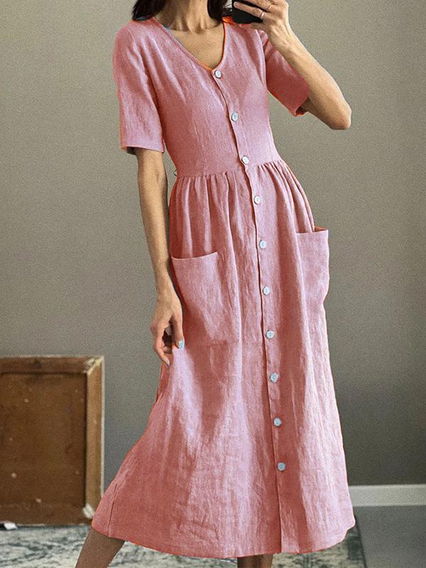 Cotton and Linen Solid Color Short Sleeve Midi Dress