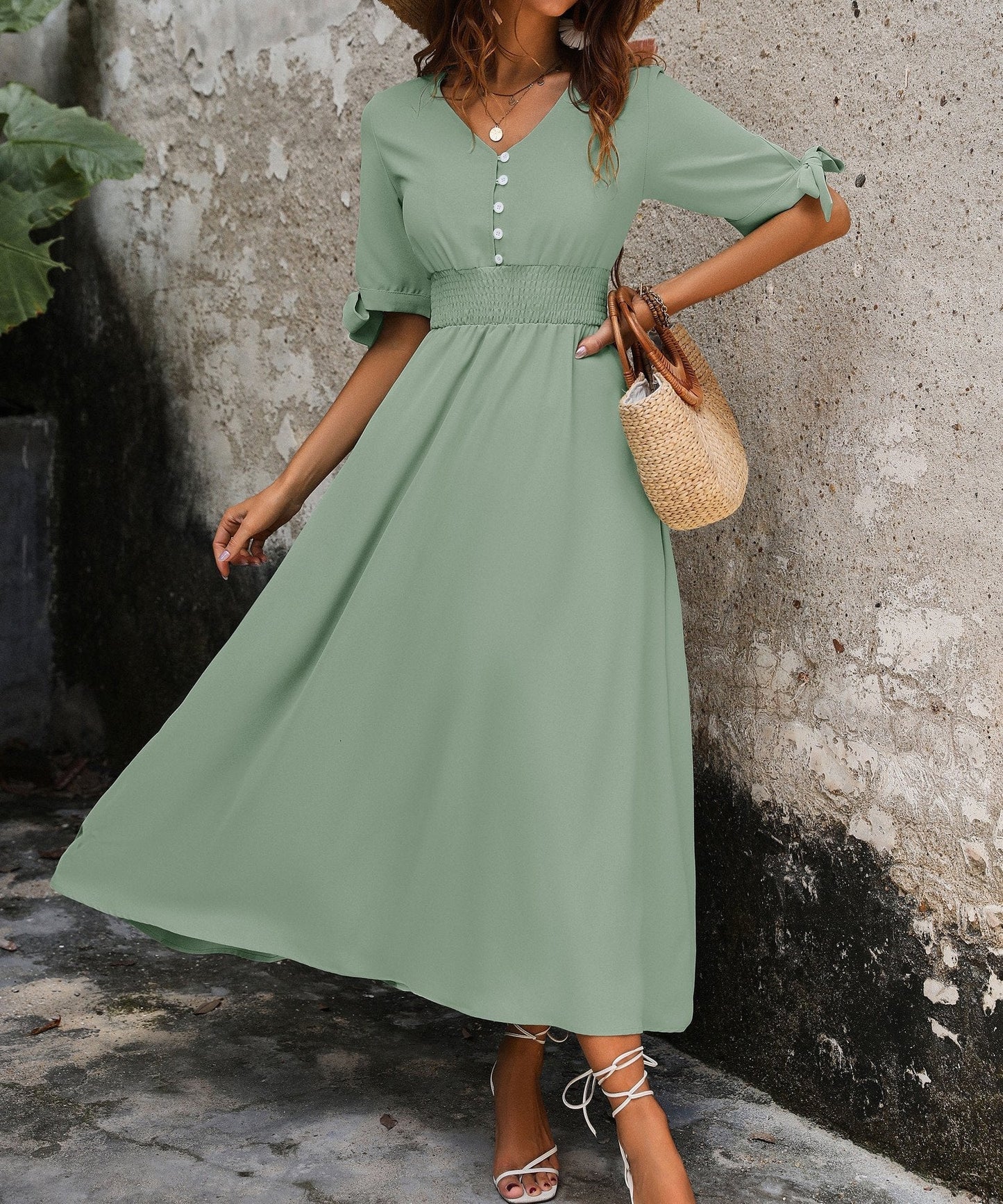 Elegant V-neck Solid Color Commuting Waist Long Dress 57985733