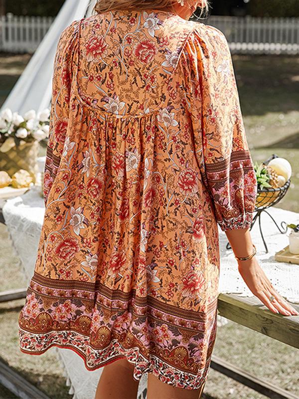 Bohemian Print Long-sleeved V-neck Tie Dress