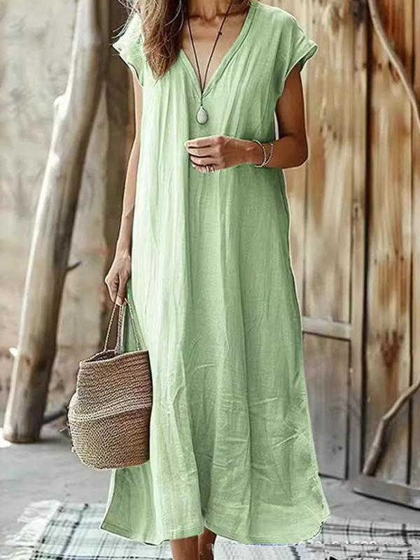 Cotton and Linen Solid Color V-Neck Midi Dress