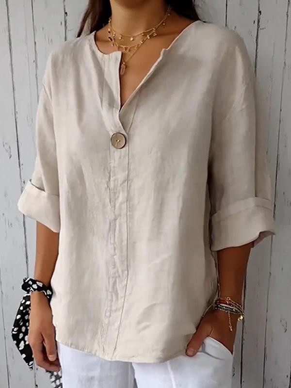 V-neck Cotton and Linen Buttoned Loose T-shirt