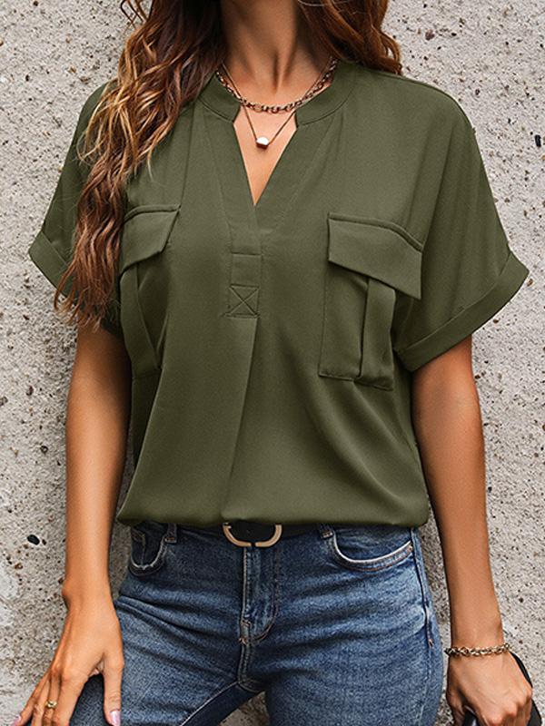 Solid Color V-neck Pocket Short-sleeved Shirt 22982116