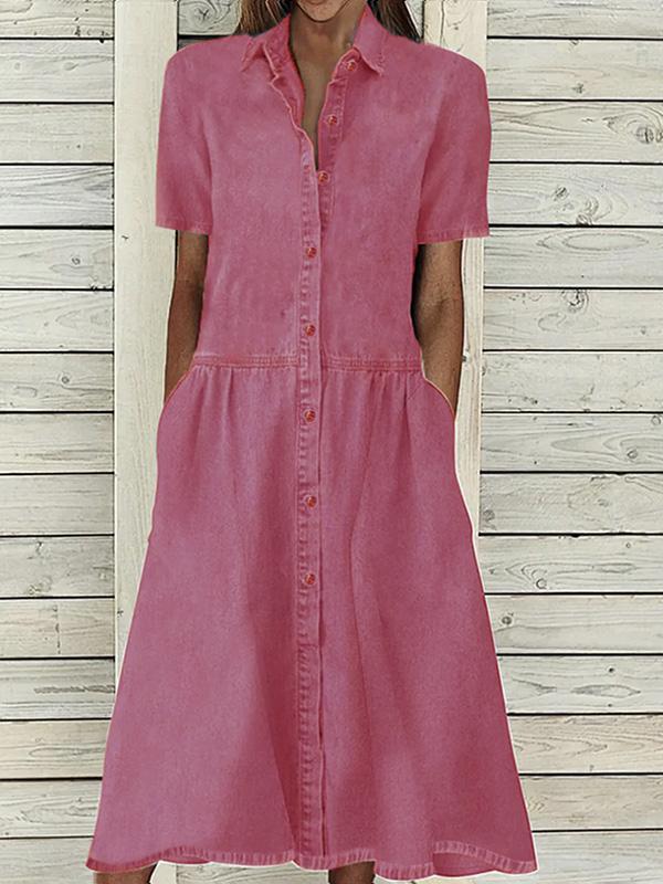 Cotton and Linen Mid-length Sleeve Waisted Solid Color Shirt Midi Dress