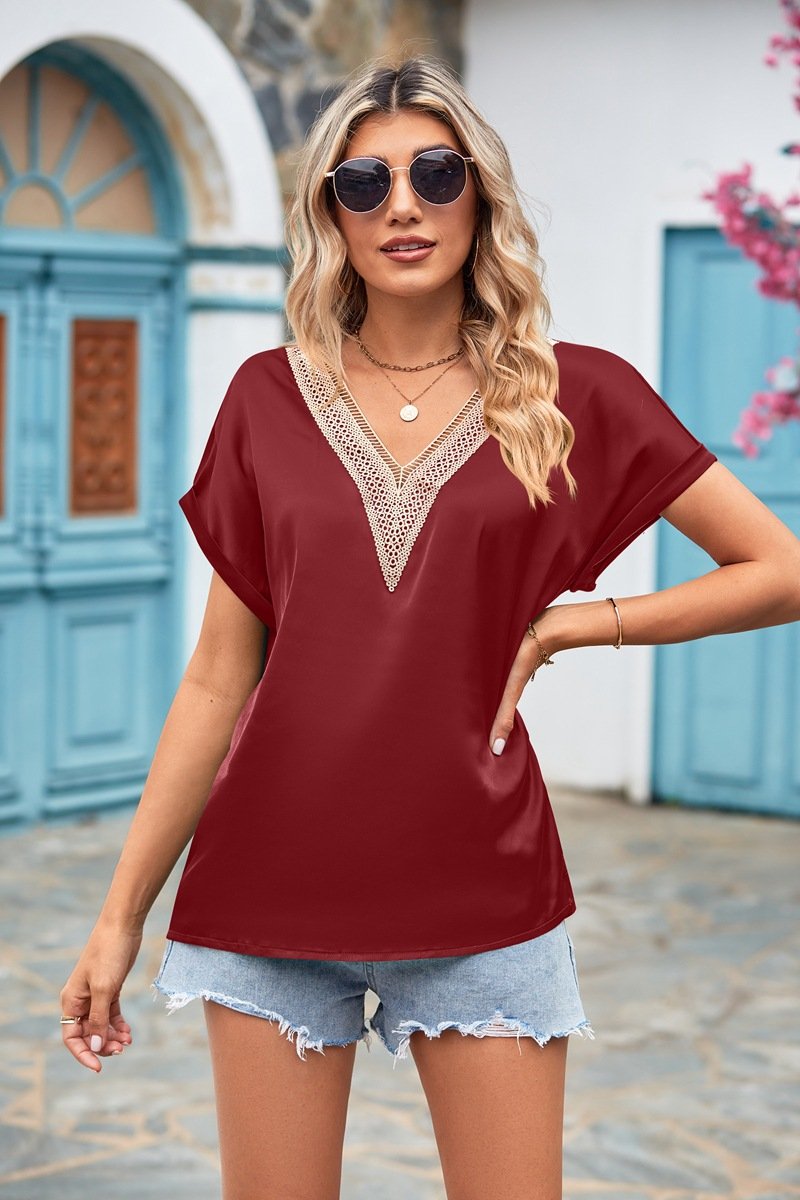 V-neck Lace Satin Short-sleeved Shirt 32097841