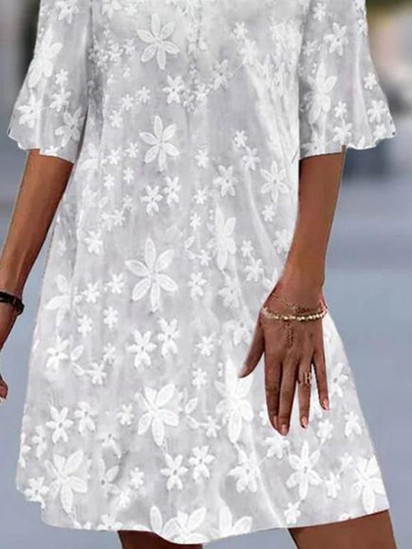 Embroidered Mid-sleeve V-neck Button-up Dress