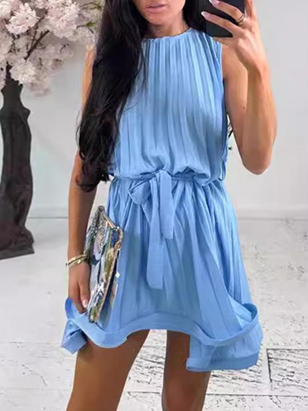 Tie-Up Sleeveless Pleated Midi Dress