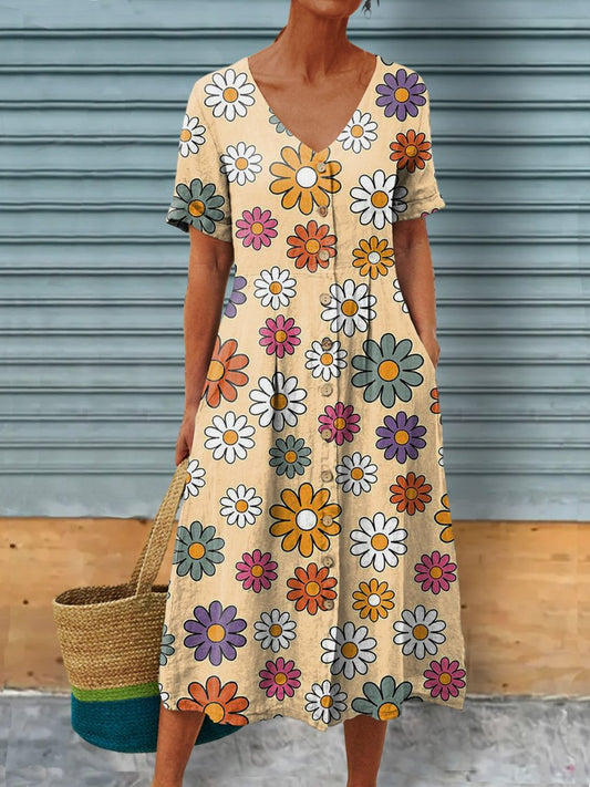 Spring Multicolor Daisy Seamless Repeat Pattern Printed Women's Linen Pocket Tunic Dress