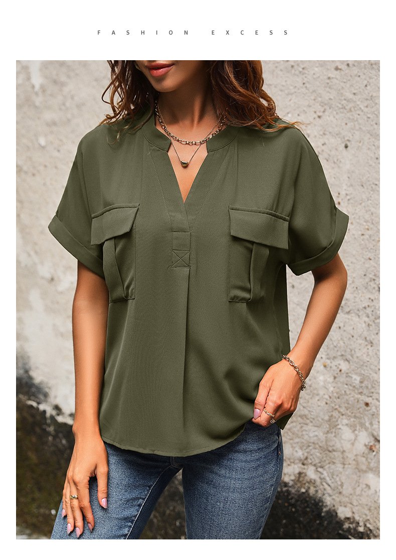 Solid Color V-neck Pocket Short-sleeved Shirt 22982116