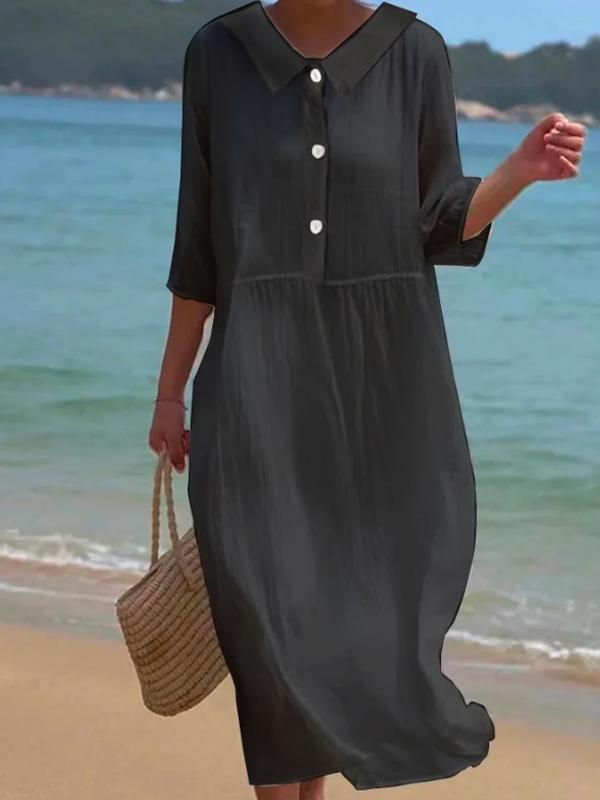 Pure Cotton Lapel Everyday Versatile Mid-length Dress