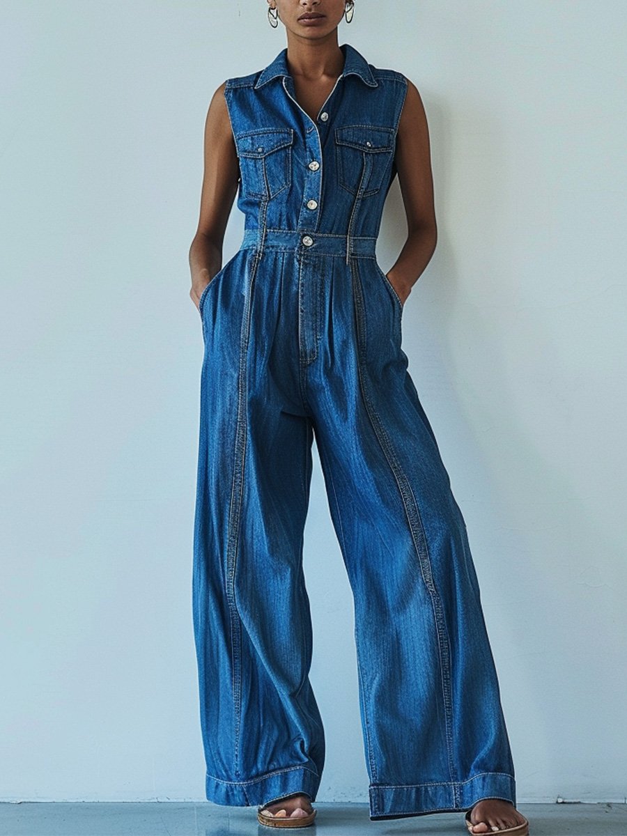 Loose Casual Pocket Elastic Waist Vintage Denim Jumpsuit