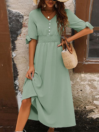 Elegant V-neck Solid Color Commuting Waist Long Dress 57985733