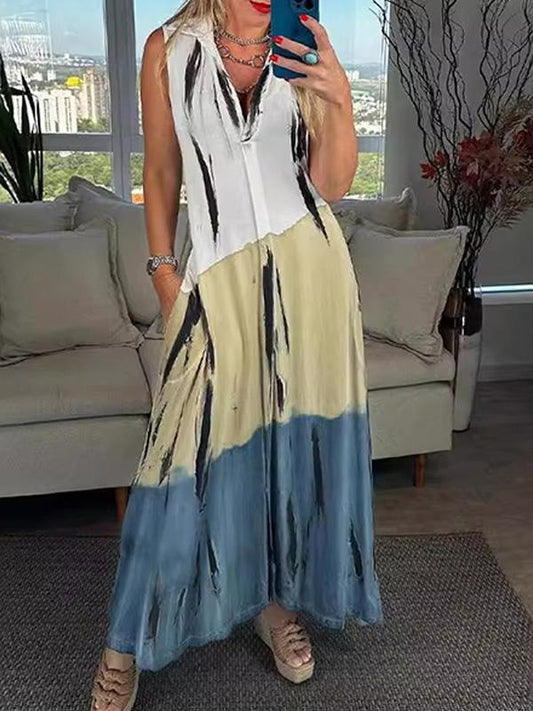 Fashion V-neck Tie-dye Print Maxi Dress