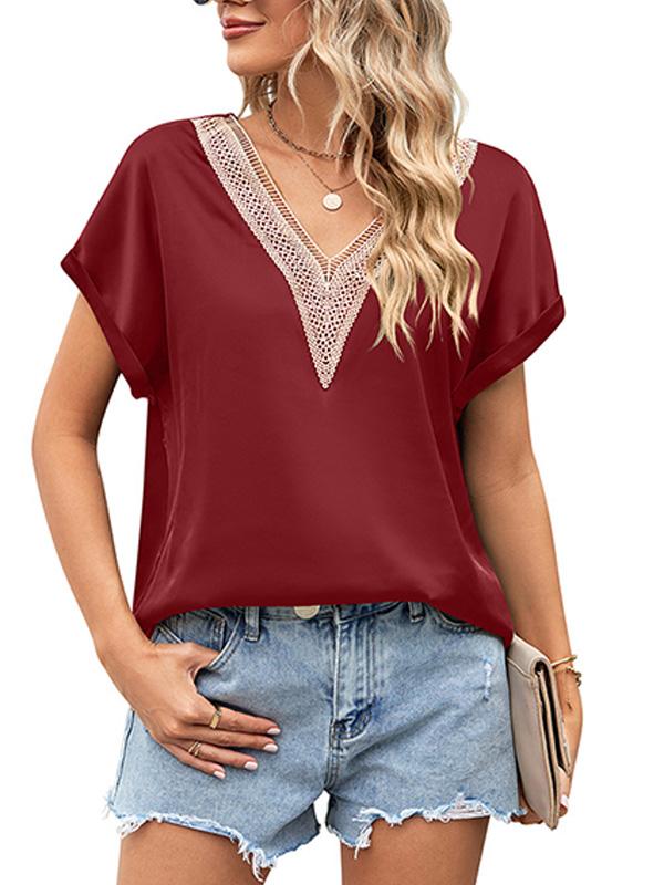 V-neck Lace Satin Short-sleeved Shirt 32097841