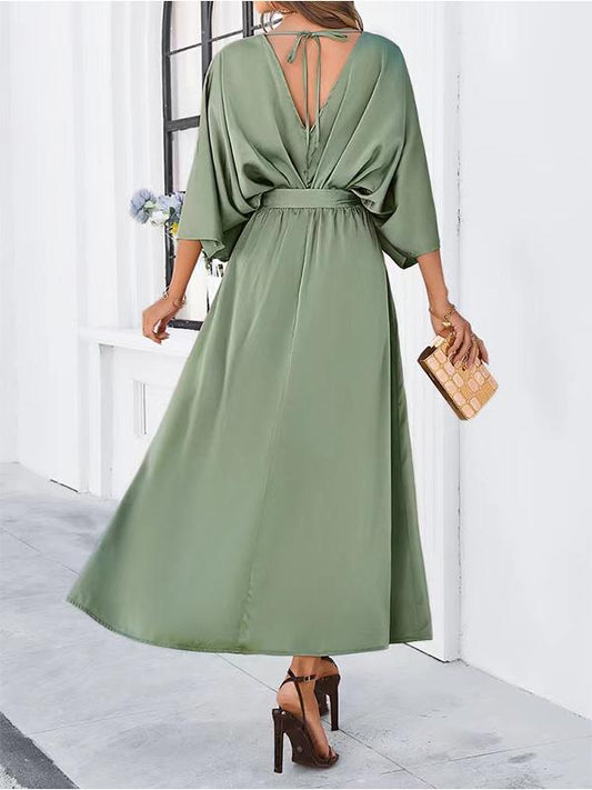 V-neck Satin Waist Maxi Dress