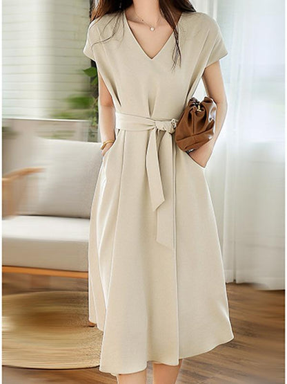 Pure Cotton V-neck Tie-up Everyday Versatile Midi Dress