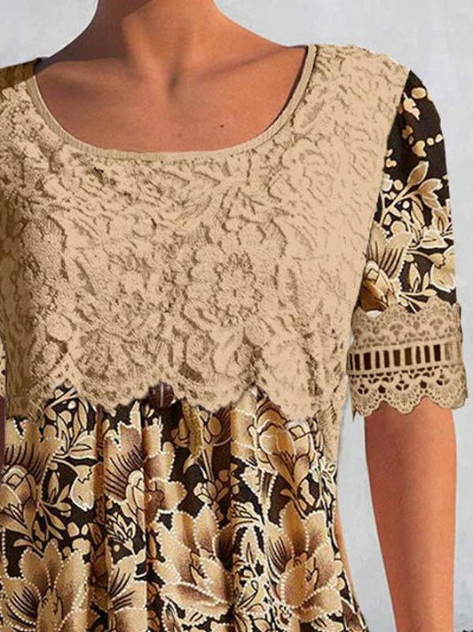 Short-sleeved Round Neck Lace Patchwork Pattern Top