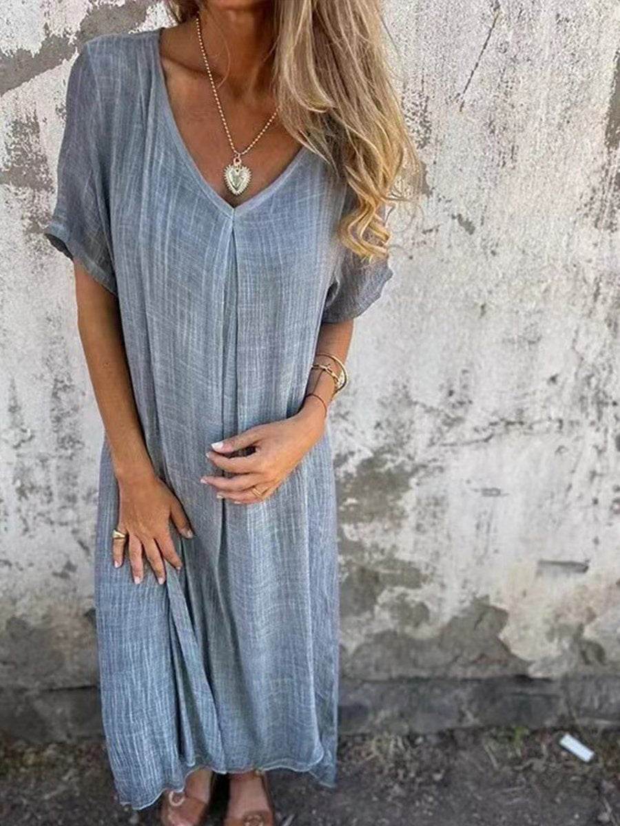 Stylish Cotton and Linen V-neck Dress