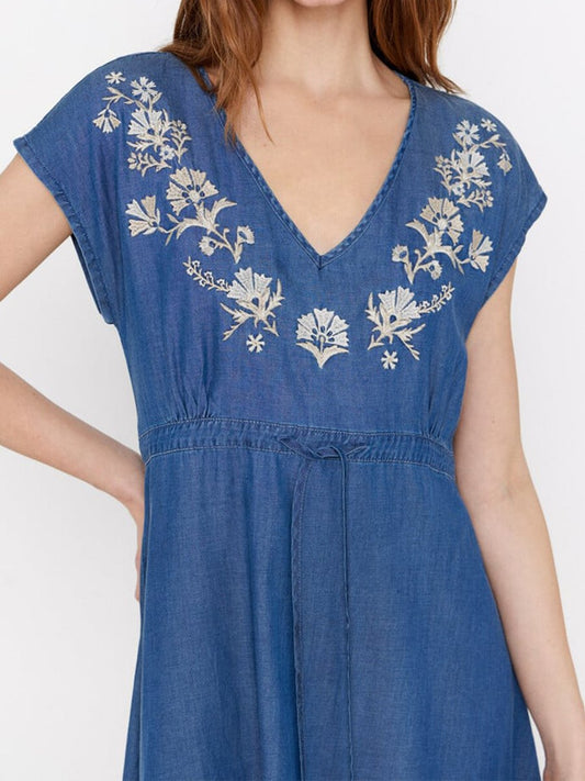 V-neck Ethnic Embroidered Denim Dress