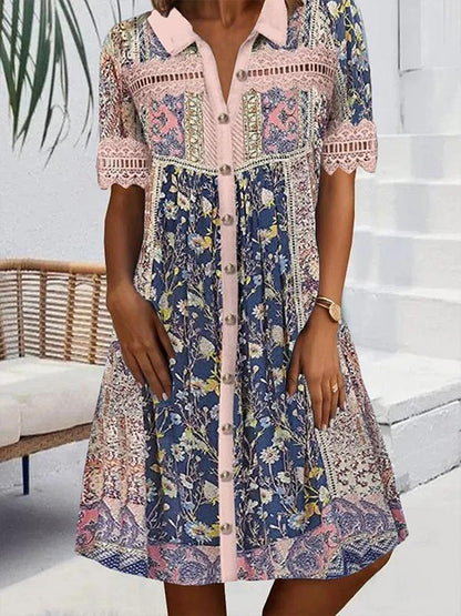 Lace Patchwork Hollow-out Printed Shirt Dress