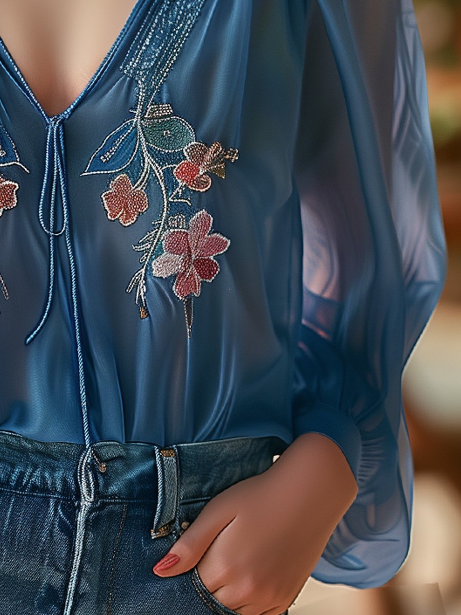 V-neck Embroidered Flower Long-sleeved Shirt