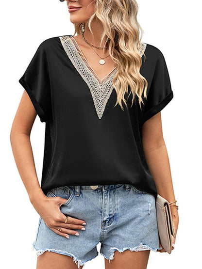 V-neck Lace Satin Short-sleeved Shirt 32097841