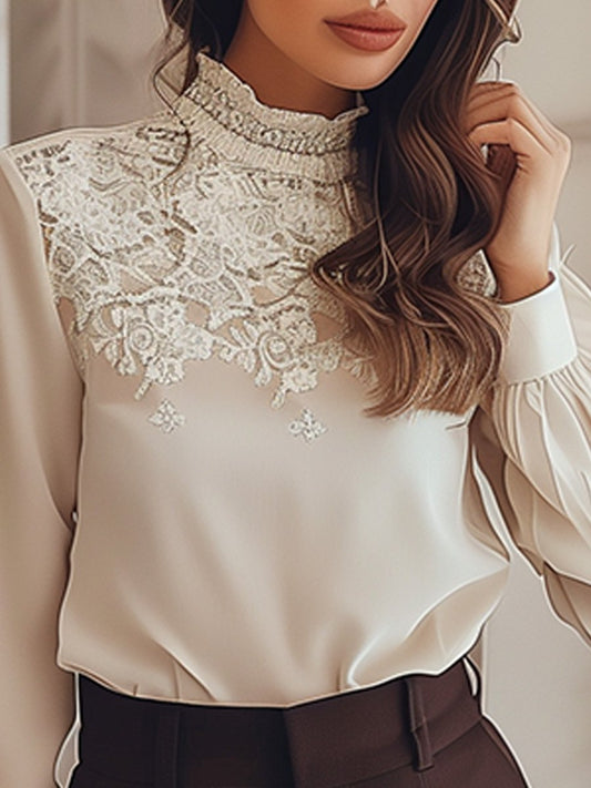 Elegant Lace Panel Long Sleeve Shirt