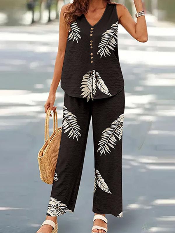 V-neck Casual Solid Color Printed Vest Wide-leg Pants Suit