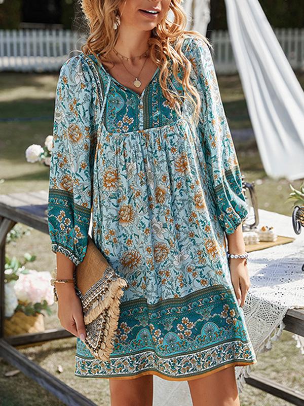 Bohemian Print Long-sleeved V-neck Tie Dress