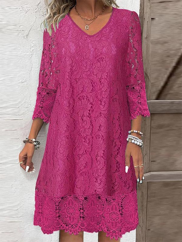 3/4 Sleeve V Neck Solid Lace Midi Dress