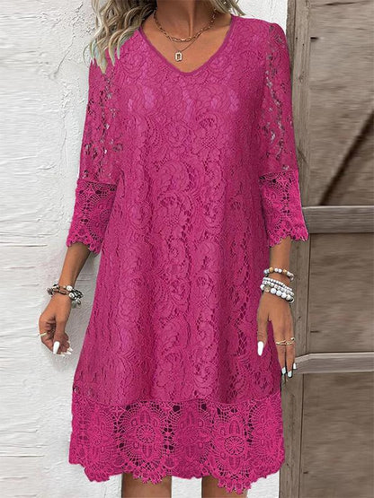 3/4 Sleeve V Neck Solid Lace Midi Dress