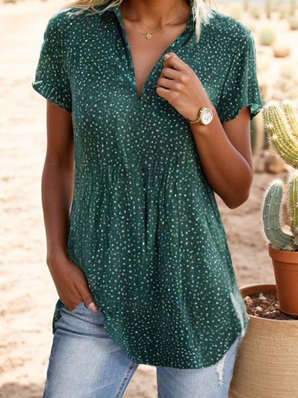 Polka Dot Cotton Shirt Collar Daily Casual Green Short-sleeved Shirt