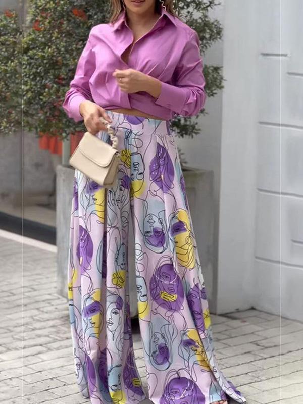 Casual Shirt and Printed Wide-leg Pants Set