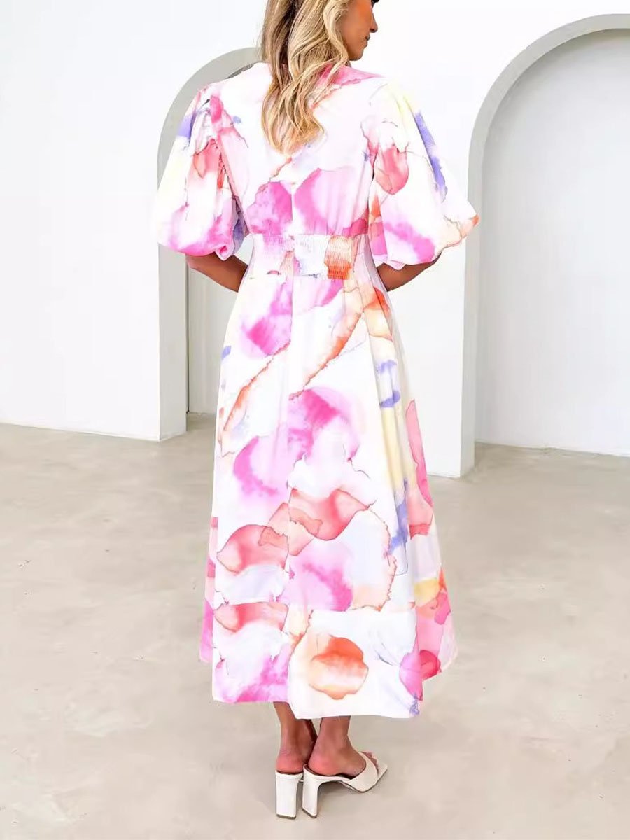 Printed Bubble Sleeve A-Line Dress