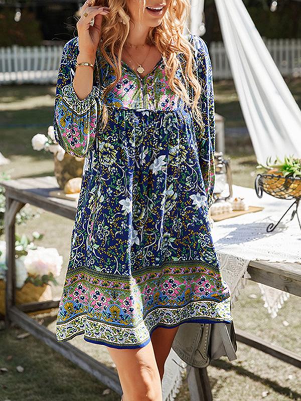 Bohemian Print Long-sleeved V-neck Tie Dress