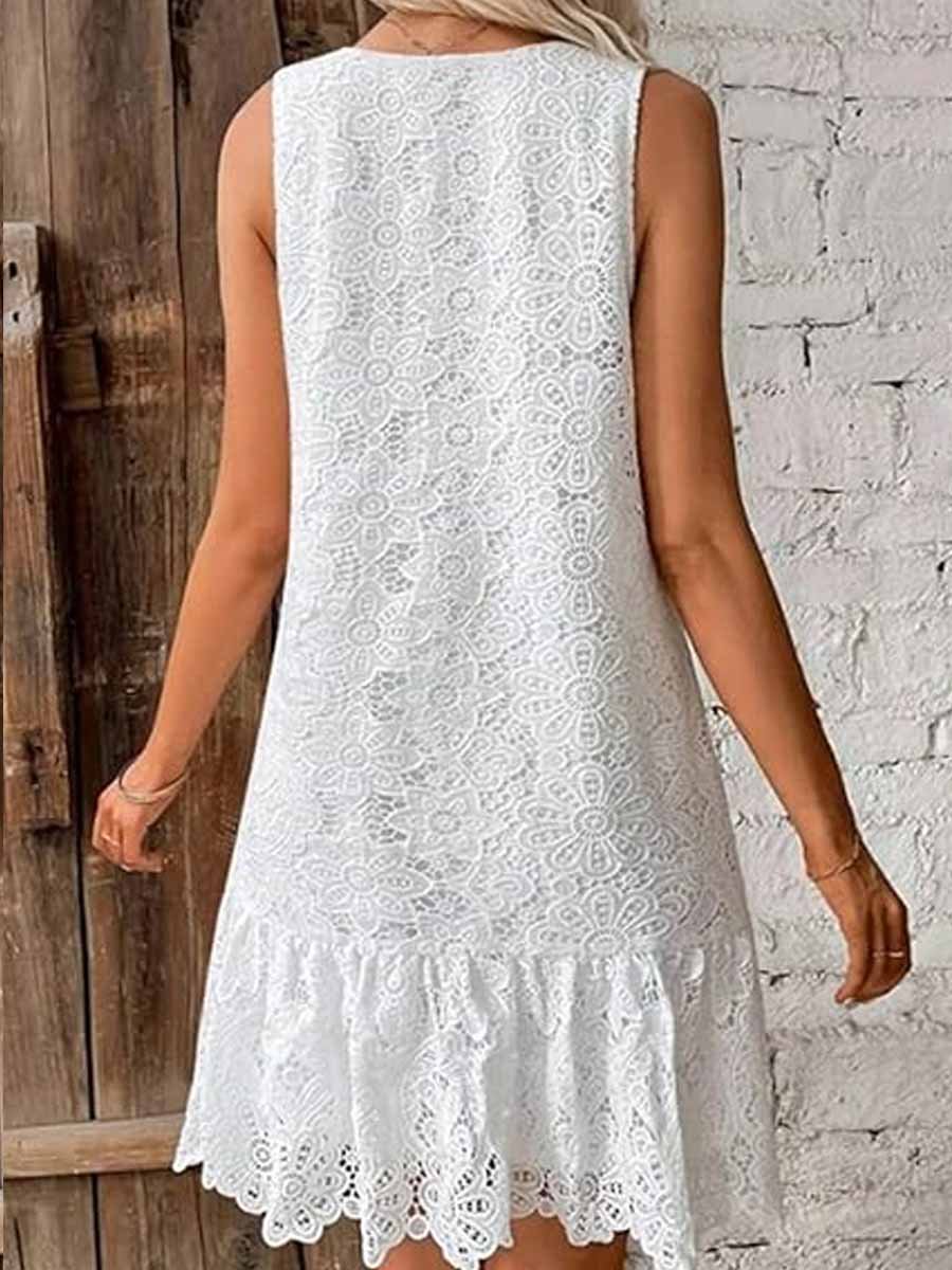 Round Neck Embroidered Sleeveless Ruffle Dress