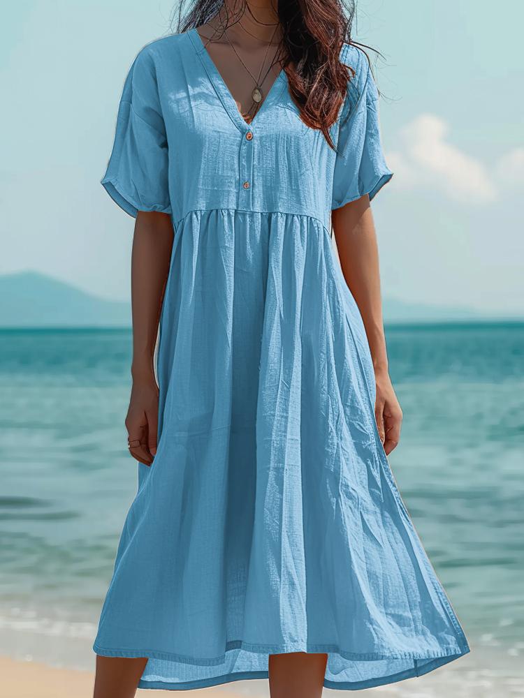 Half-buttoned Cotton and Linen Short Sleeves Dress