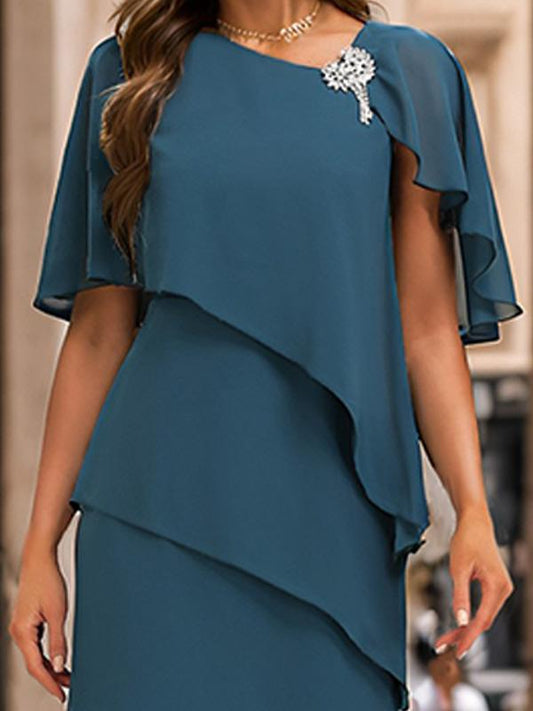 Blue Layered Cape Sleeve Asymmetric Neckline Shift Midi Dress