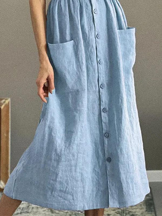 Cotton and Linen Solid Color Short Sleeve Midi Dress