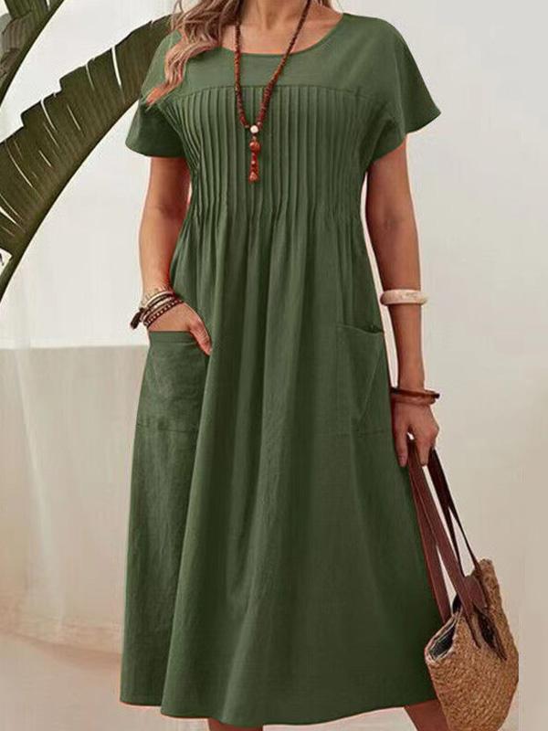 Cotton and Linen Comfortable Round Neck Pocket Loose Dress