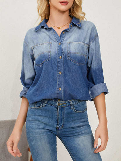 Simple Gradient Stand Collar Single-breasted Denim Shirt