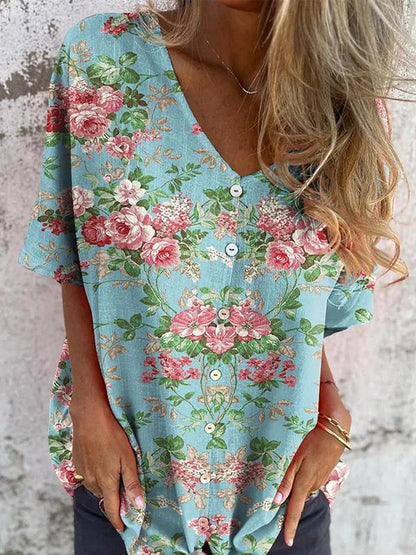 Casual V-neck Printed Short-sleeved Shirt