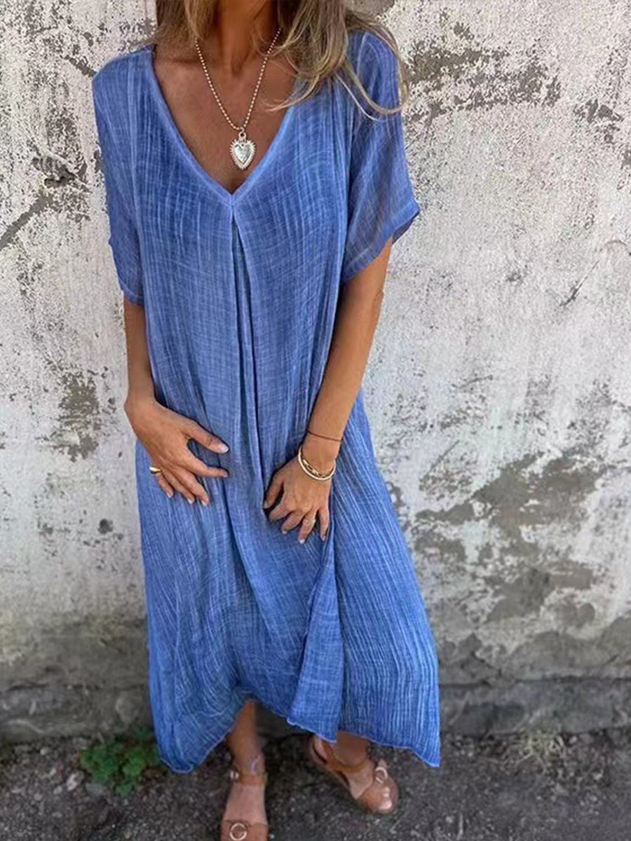 Stylish Cotton and Linen V-neck Dress