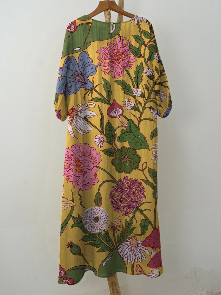 Women's Vintage Floral Print Pocket Cotton Dress