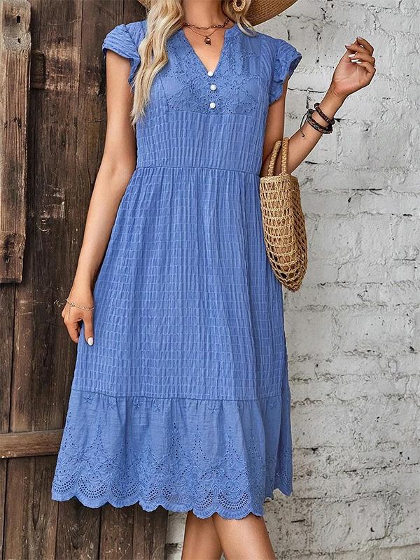 V Neck Solid Lace Short Sleeve Midi Dress