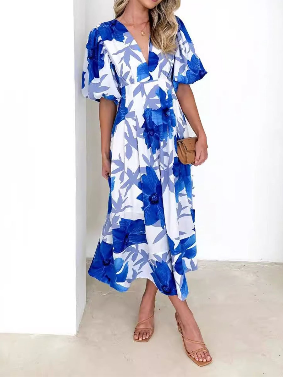 Printed Bubble Sleeve A-Line Dress