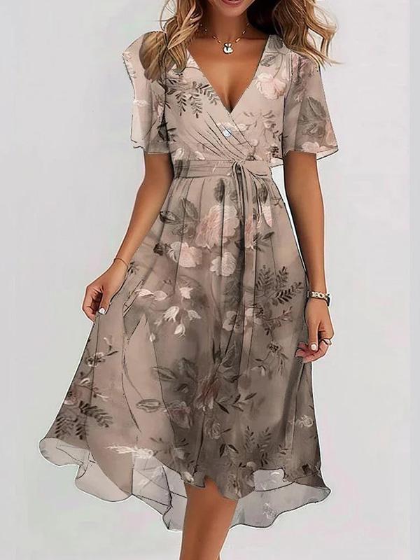 V-neck Chiffon Printed Midi Dress