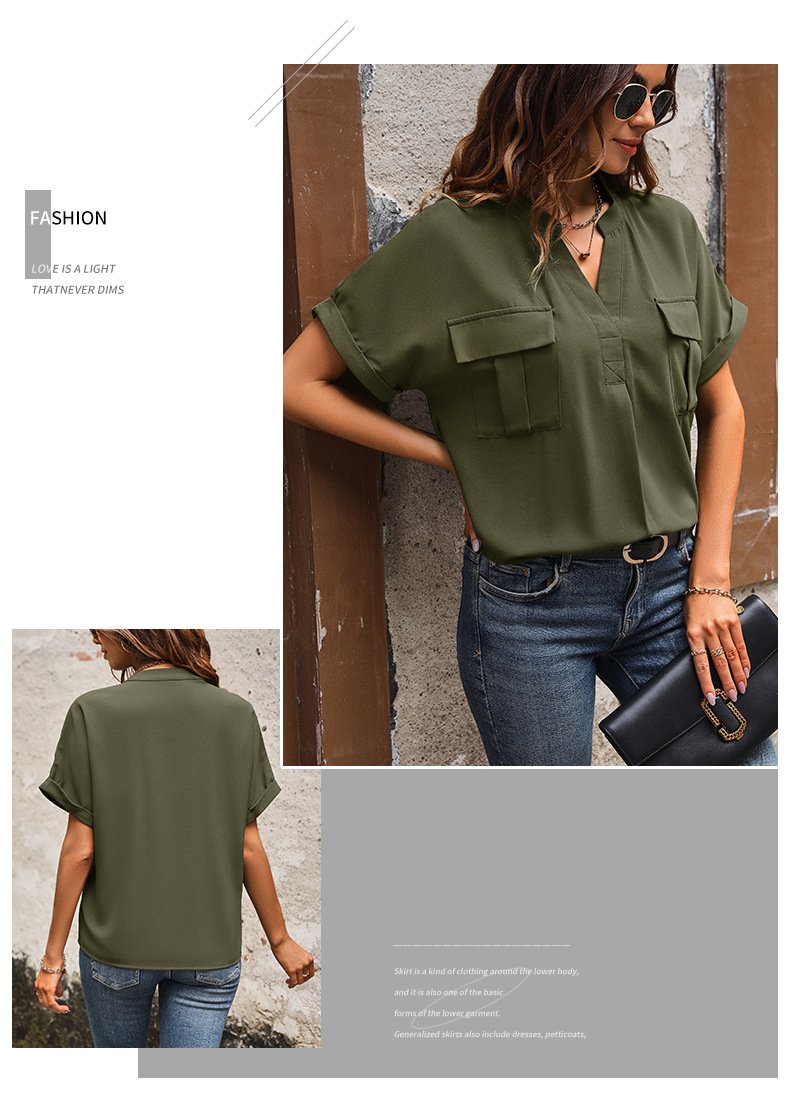 Solid Color V-neck Pocket Short-sleeved Shirt 22982116