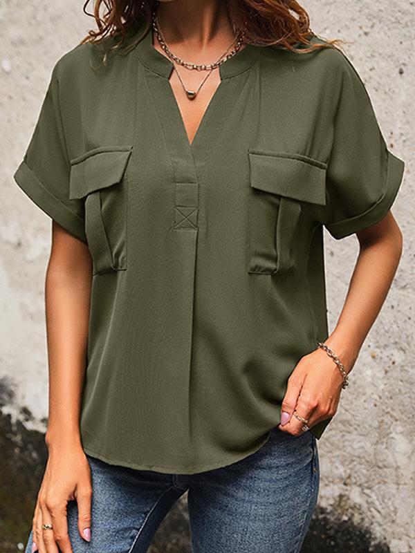 Solid Color V-neck Pocket Short-sleeved Shirt 22982116